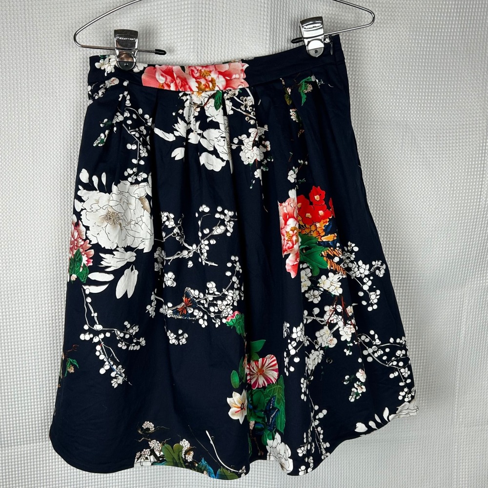 Grace Karin Navy Blue Floral Full Skirt Pleated A-Line Side Pockets Small